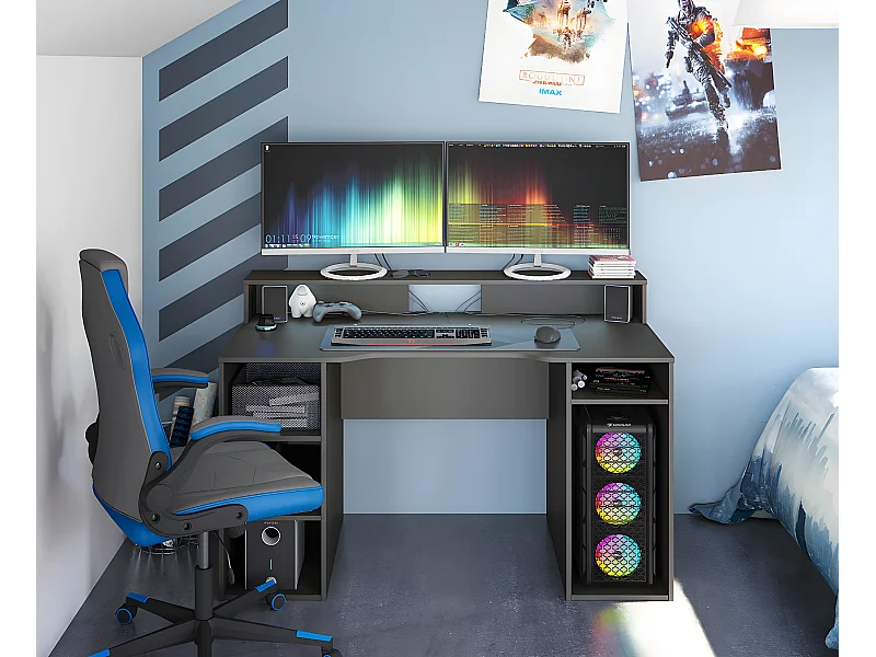 Bureau pour Ordinateur, Station e-Gaming coloris anthracite en Bois MDF - 88 x 136 x 67 cm