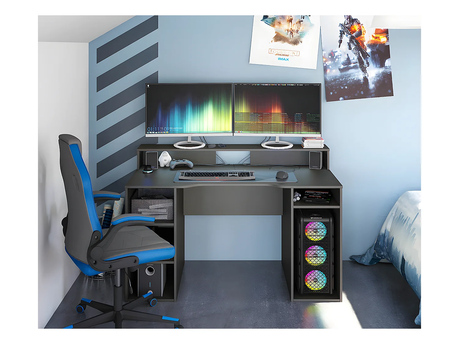Bureau pour Ordinateur, Station e-Gaming coloris anthracite en Bois MDF - 88 x 136 x 67 cm
