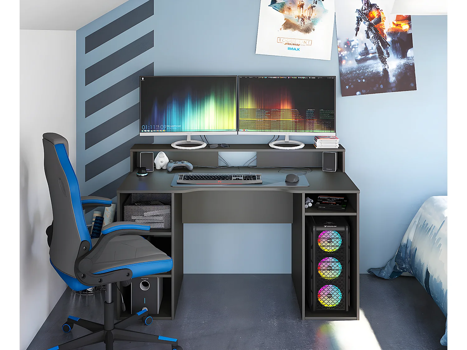Bureau pour Ordinateur, Station e-Gaming coloris anthracite en Bois MDF - 88 x 136 x 67 cm