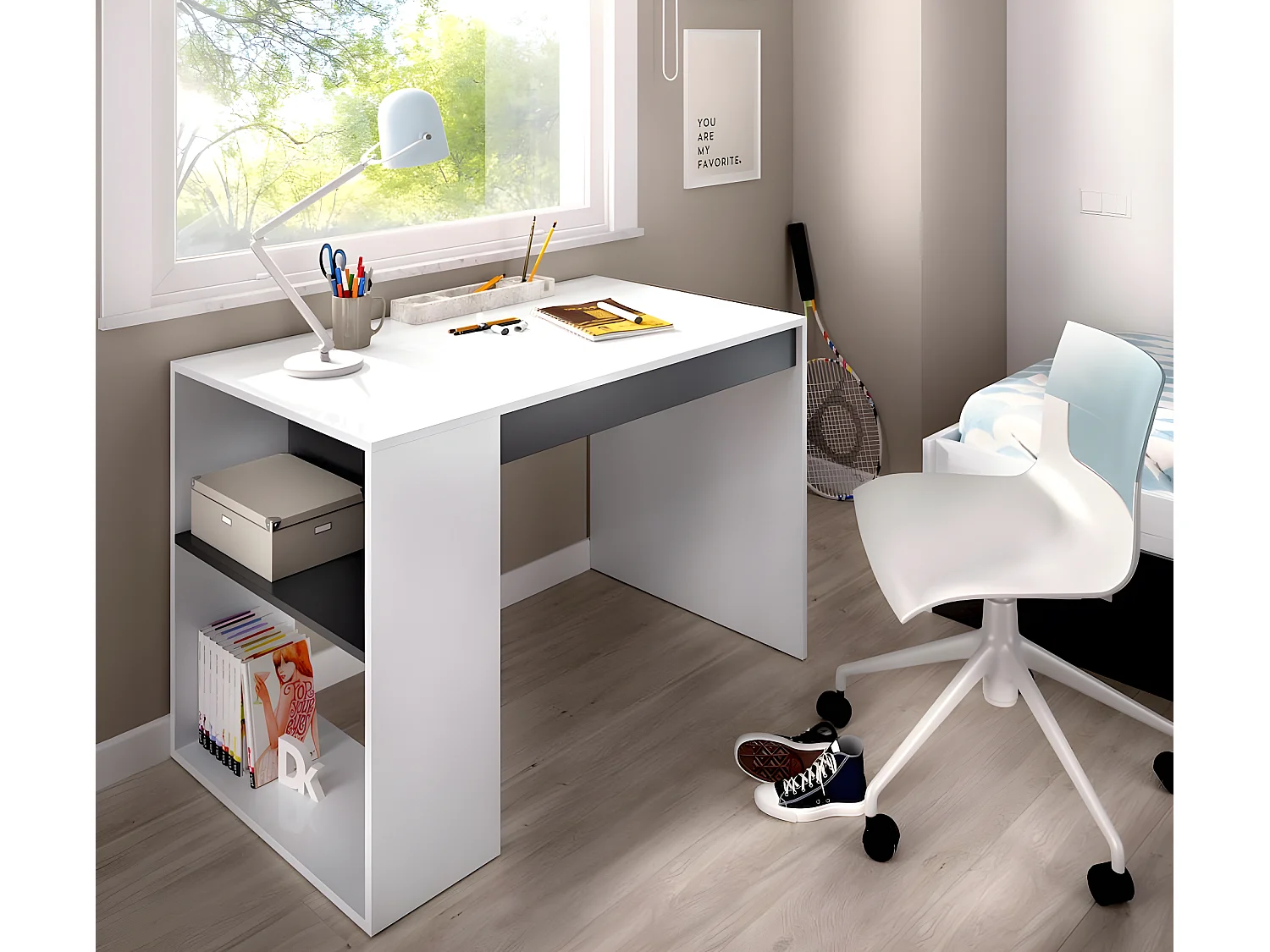 Bureau 1 tiroir coloris blanc/graphite - Longueur 115 x Profondeur 50 x Hauteur 74 cm