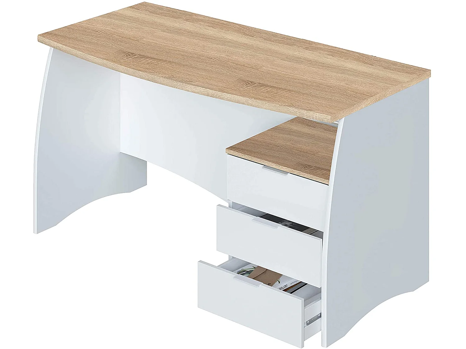 Bureau avec caisson de 3 tiroirs coloris blanc artic / chêne canadien - Hauteur 74 x Longueur 136 x Profondeur 67 cm