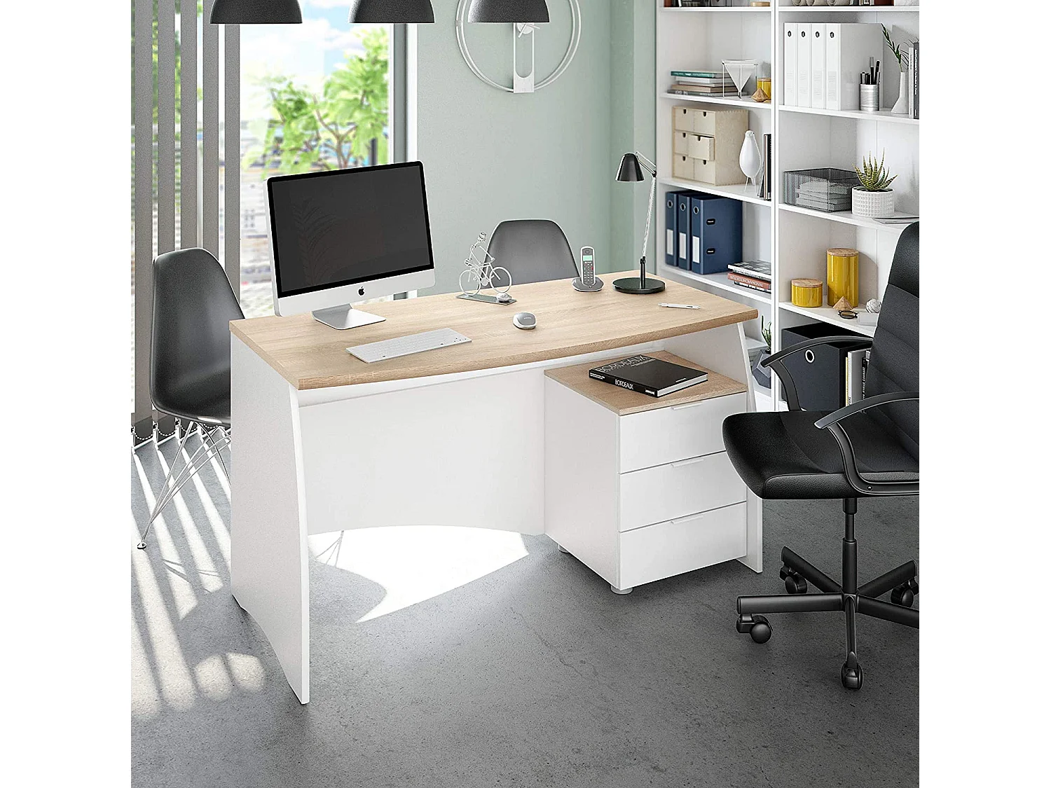 Bureau avec caisson de 3 tiroirs coloris blanc artic / chêne canadien - Hauteur 74 x Longueur 136 x Profondeur 67 cm