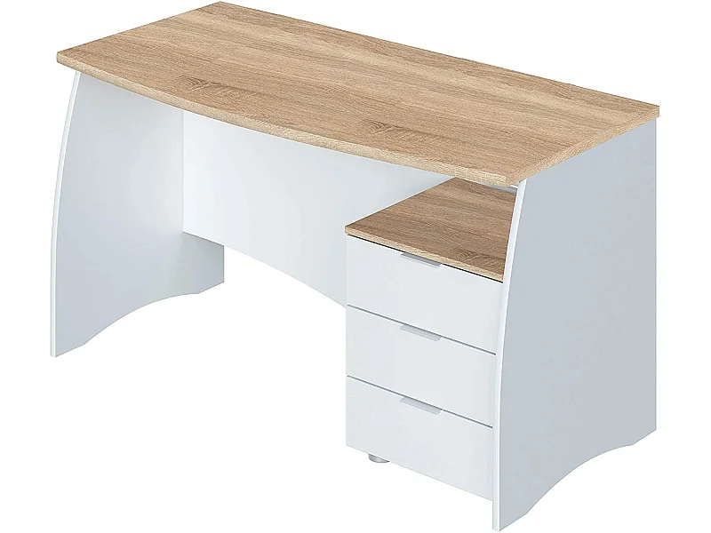 Bureau avec caisson de 3 tiroirs coloris blanc artic / chêne canadien - Hauteur 74 x Longueur 136 x Profondeur 67 cm