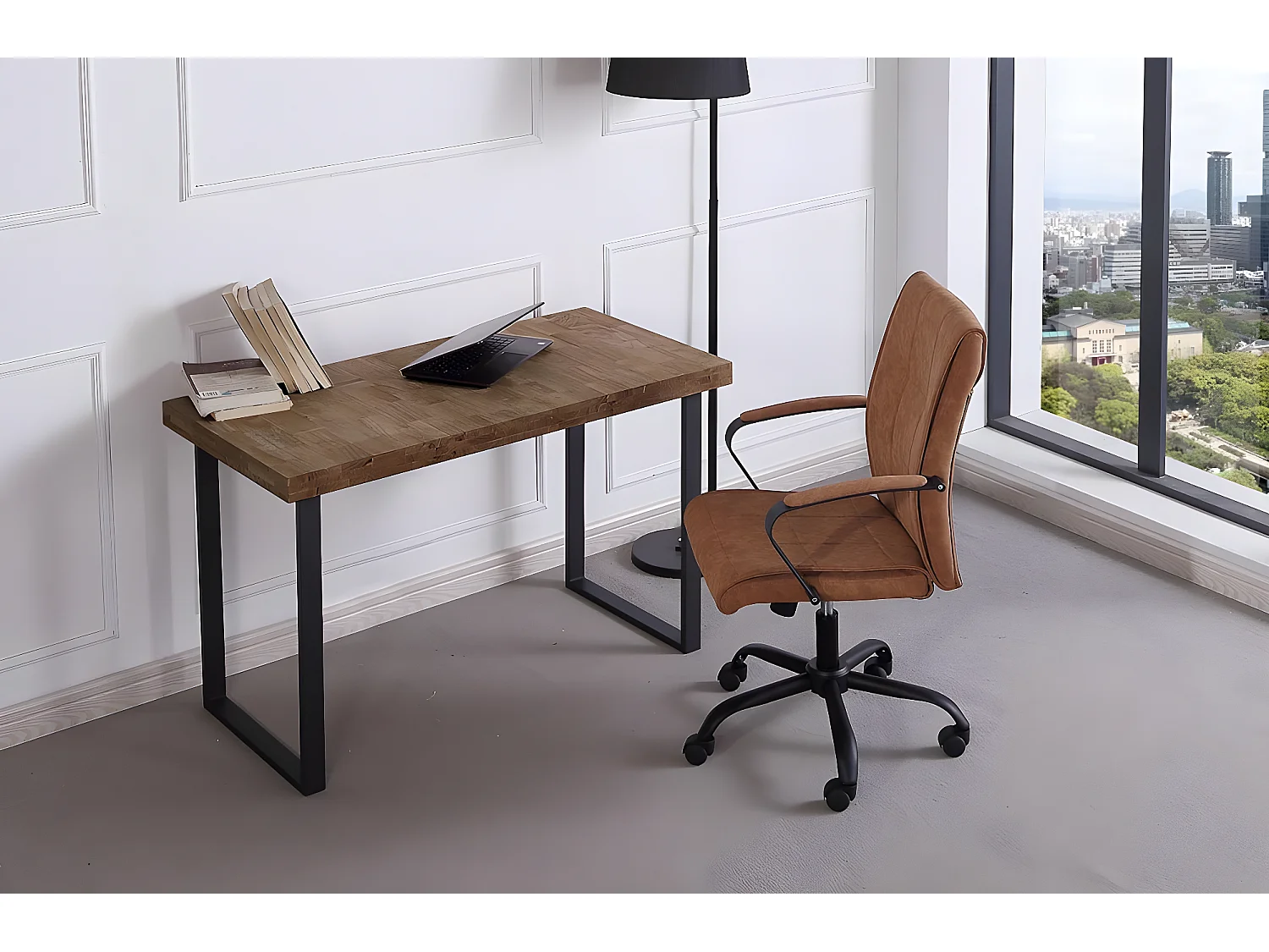 Table de bureau en bois coloris chêne américain / pieds noir - Longueur 120 x profondeur 60 x hauteur 73 cm