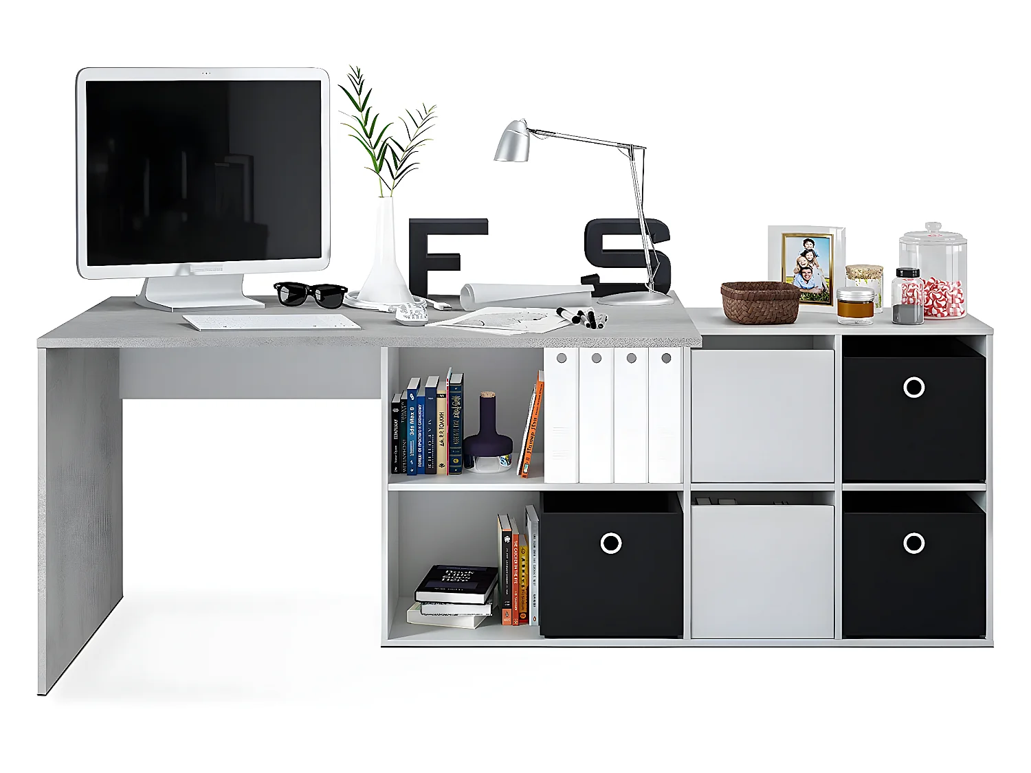 Bureau avec caisson coloris Blanc artic / béton- Hauteur 74 x Longueur 136 x 139 cm