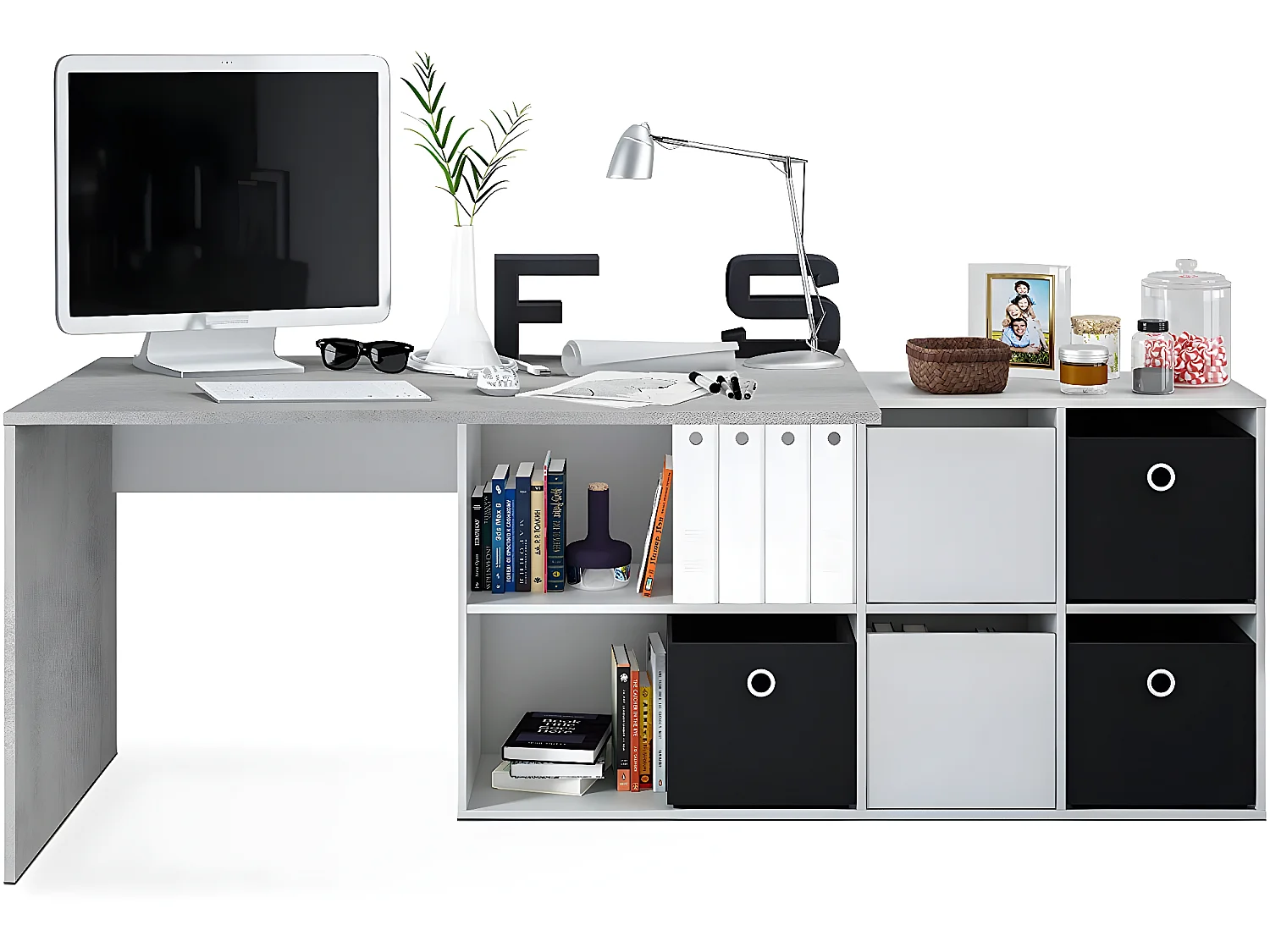 Bureau avec caisson coloris Blanc artic / béton- Hauteur 74 x Longueur 136 x 139 cm