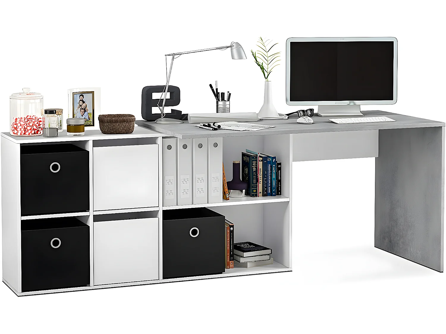 Bureau avec caisson coloris Blanc artic / béton- Hauteur 74 x Longueur 136 x 139 cm