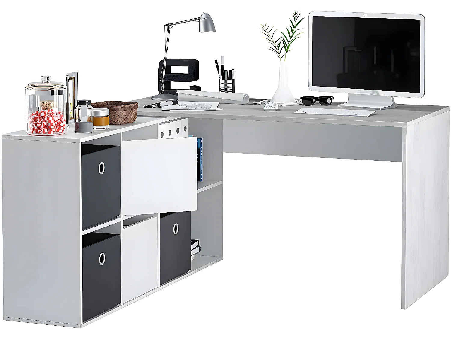 Bureau avec caisson coloris Blanc artic / béton- Hauteur 74 x Longueur 136 x 139 cm