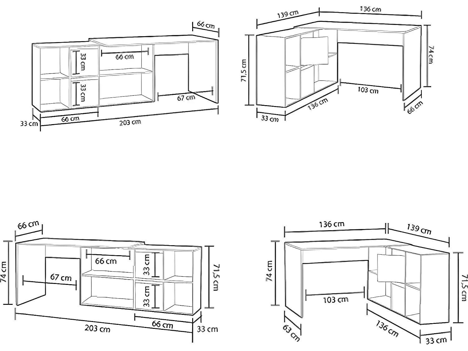 Bureau avec caisson coloris Blanc artic / béton- Hauteur 74 x Longueur 136 x 139 cm