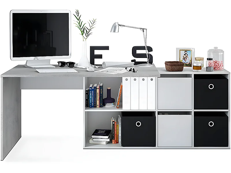 Bureau avec caisson coloris Blanc artic / béton- Hauteur 74 x Longueur 136 x 139 cm