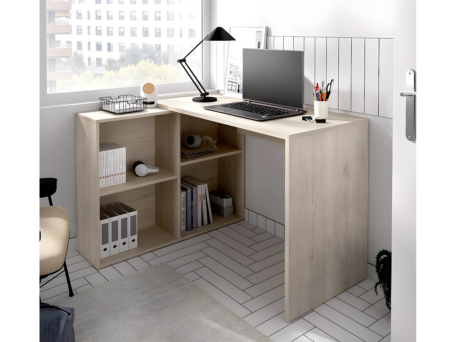 Bureau avec rangement coloris naturel - Longueur 120.6 x Profondeur 95.5 x Hauteur 73.6 cm