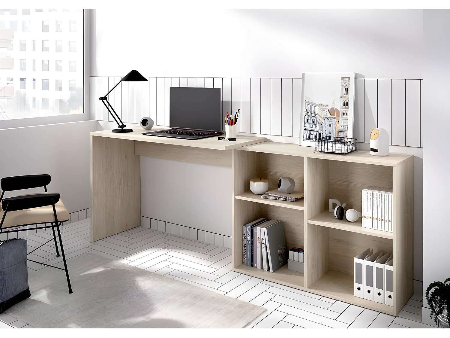 Bureau avec rangement coloris naturel - Longueur 120.6 x Profondeur 95.5 x Hauteur 73.6 cm