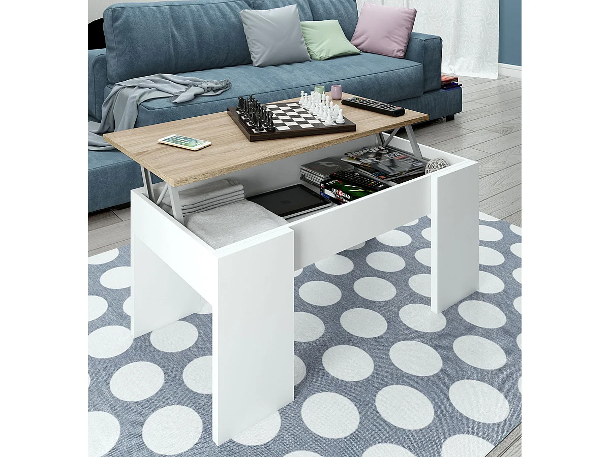 Table basse modulable en panneaux de particules coloris blanc artik/ chêne canadien -Dim : L100 x P50 x H42 cm
