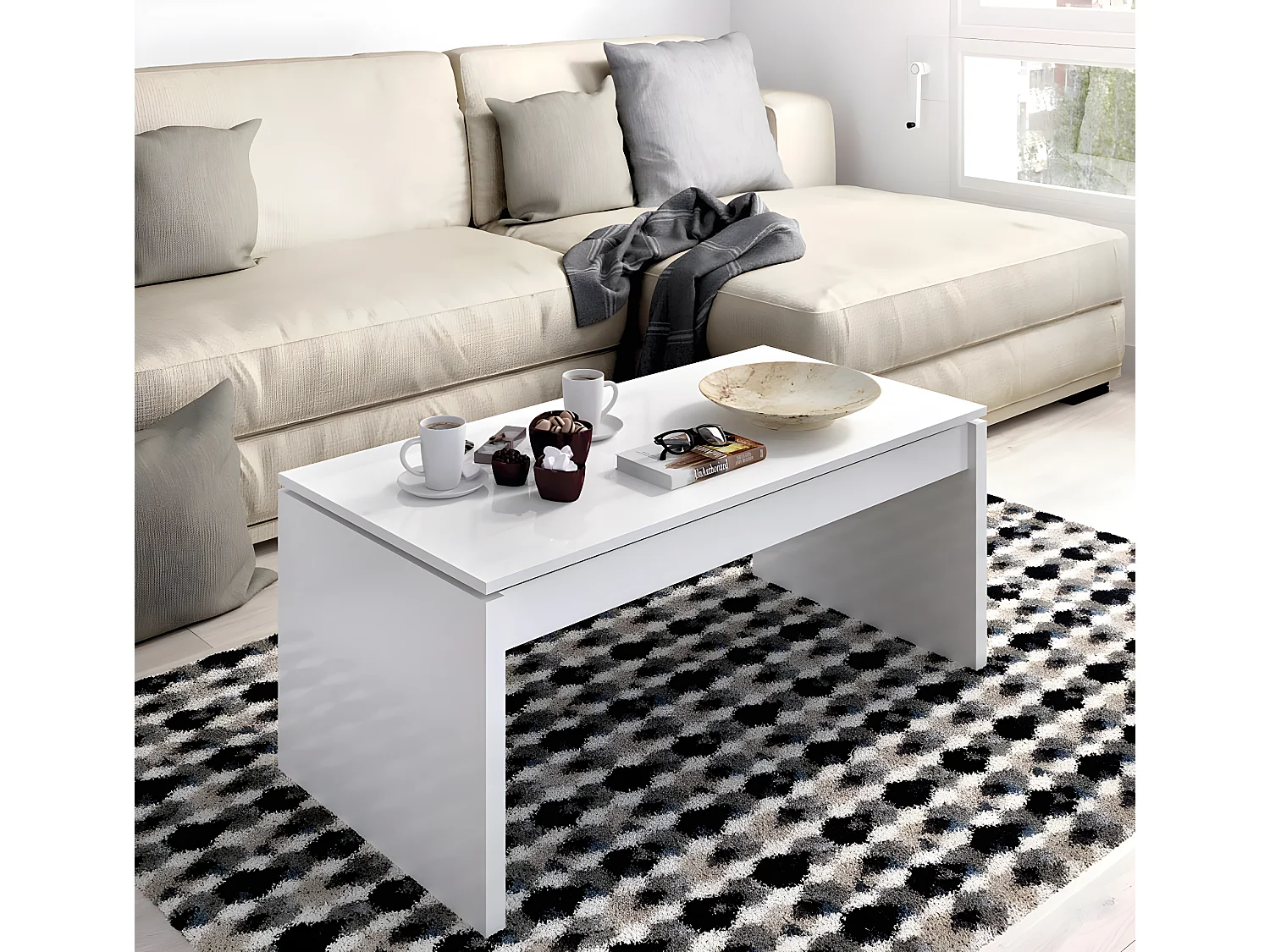 Table basse modulable coloris blanc brillant - Longueur 102 x Profondeur 50 x Hauteur 43 cm