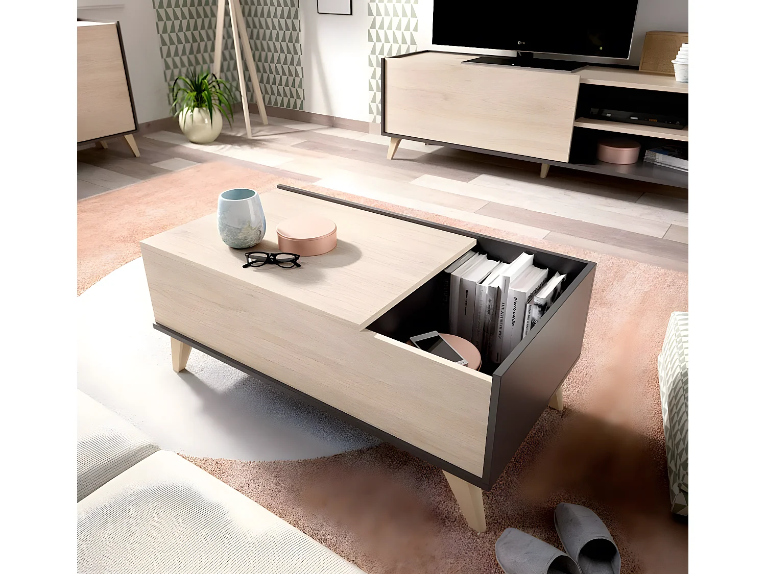 Table basse modulable coloris graphite/naturel - Longueur 99 x Hauteur 41 x Profondeur 60 cm