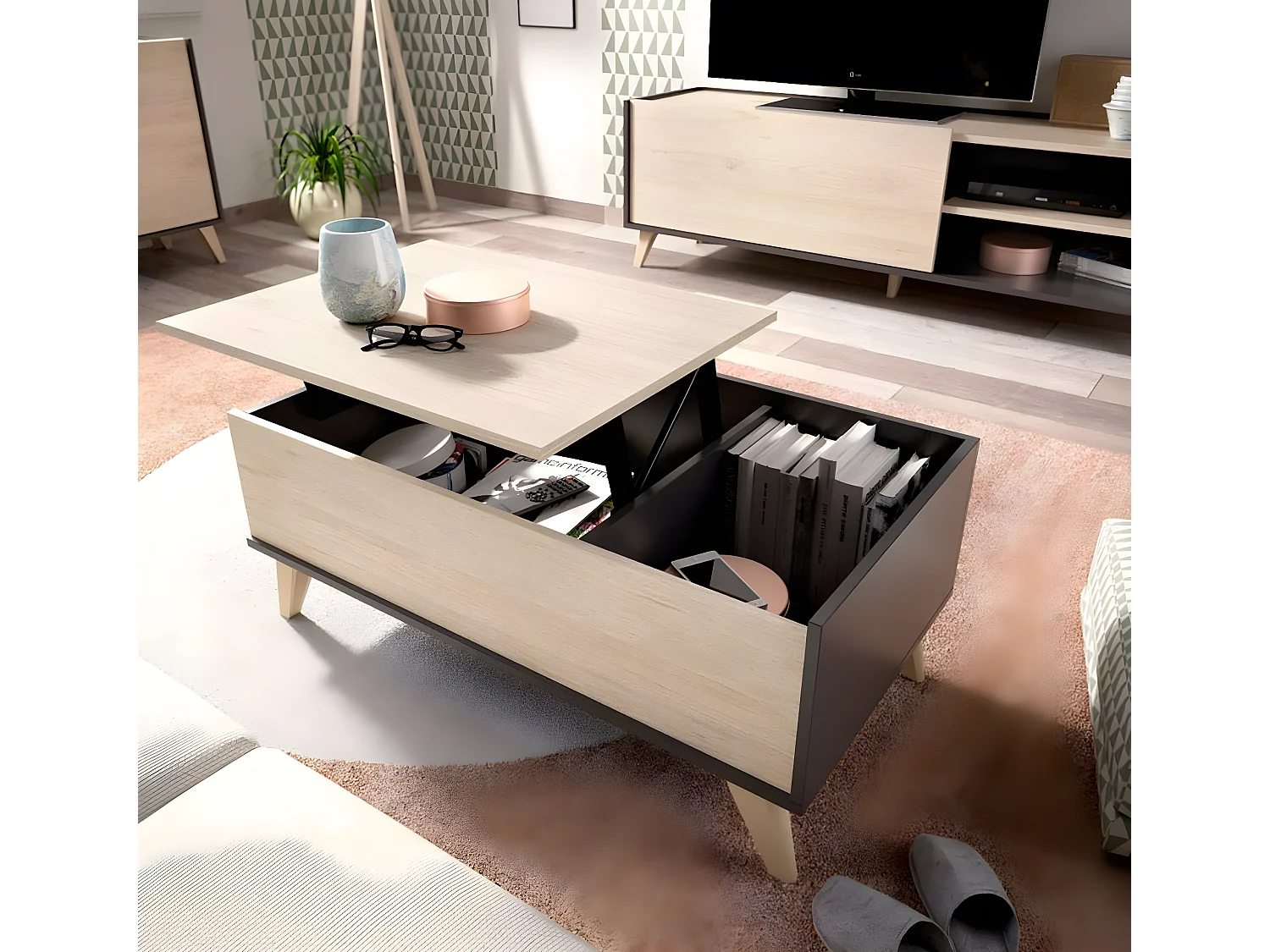 Table basse modulable coloris graphite/naturel - Longueur 99 x Hauteur 41 x Profondeur 60 cm