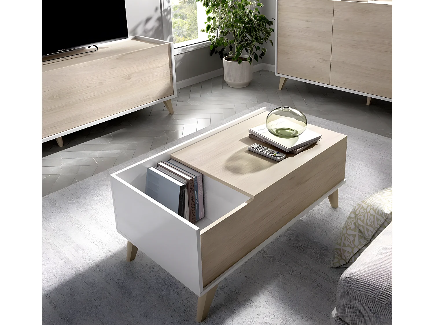 Table basse modulable coloris blanc/naturel - Longueur 99 x Hauteur 41 x Profondeur 60 cm