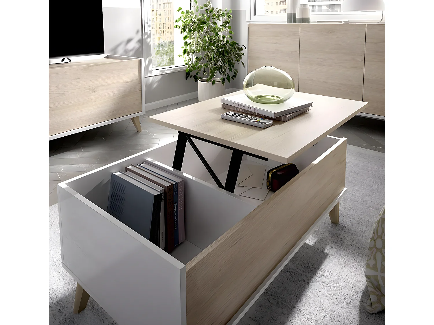 Table basse modulable coloris blanc/naturel - Longueur 99 x Hauteur 41 x Profondeur 60 cm