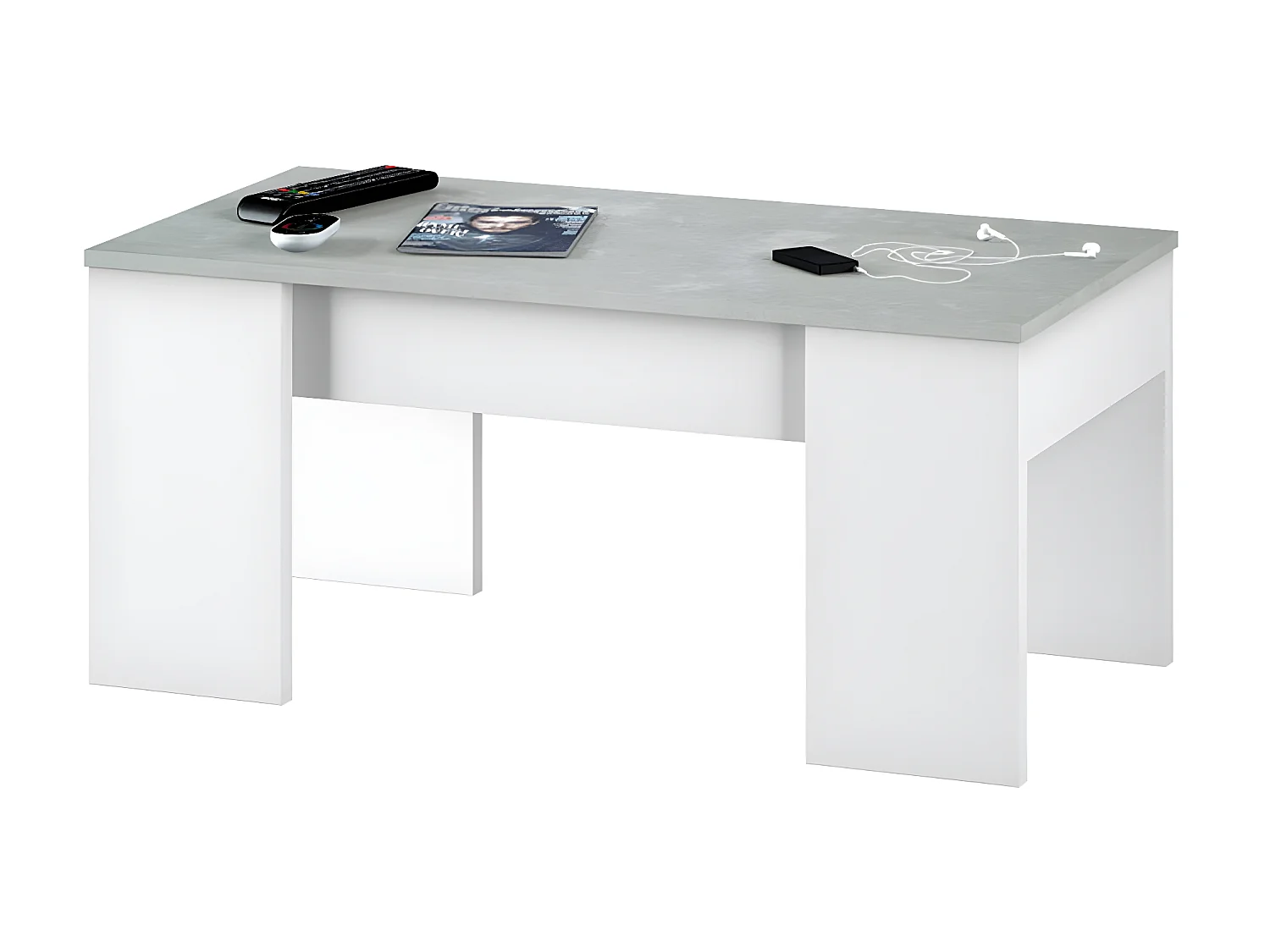 Table basse modulable coloris Blanc Artik / Ciment en mélamine avec plateau - Dim : 45 x 100 x 50 cm