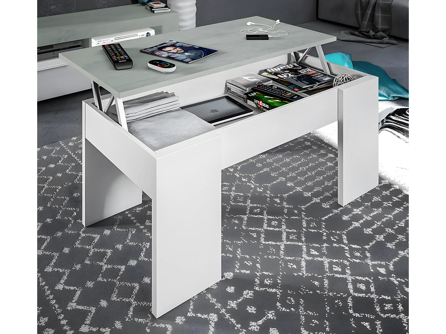 Table basse modulable coloris Blanc Artik / Ciment en mélamine avec plateau - Dim : 45 x 100 x 50 cm