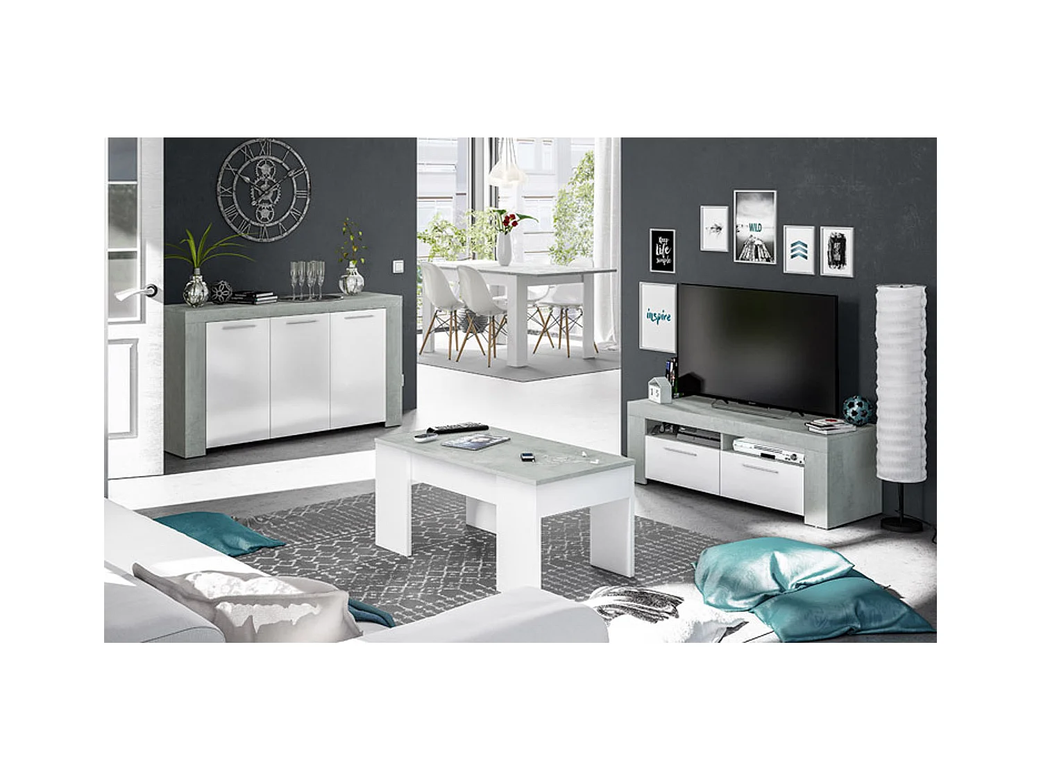 Table basse modulable coloris Blanc Artik / Ciment en mélamine avec plateau - Dim : 45 x 100 x 50 cm