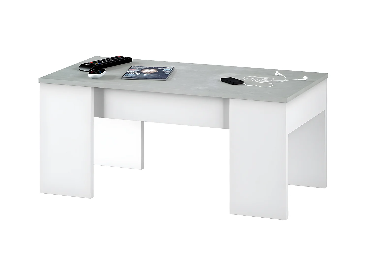 Table basse modulable coloris Blanc Artik / Ciment en mélamine avec plateau - Dim : 45 x 100 x 50 cm
