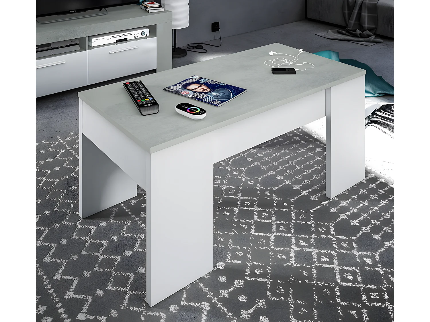 Table basse modulable coloris Blanc Artik / Ciment en mélamine avec plateau - Dim : 45 x 100 x 50 cm