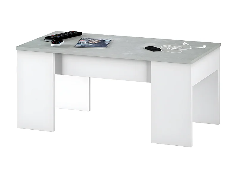 Table basse modulable coloris Blanc Artik / Ciment en mélamine avec plateau - Dim : 45 x 100 x 50 cm