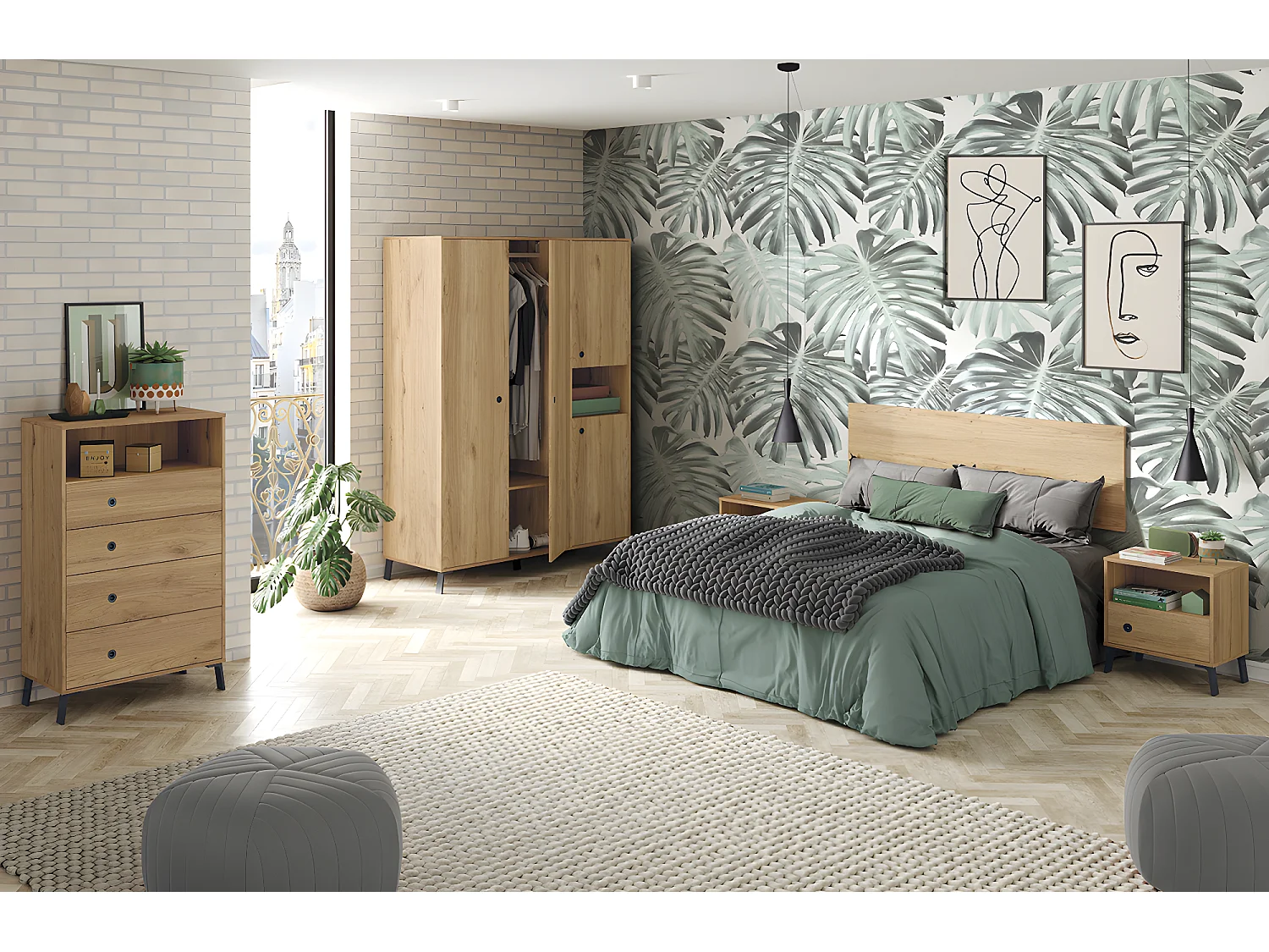 Ensemble chambre à coucher complète adulte coloris chêne doré ( armoire + commode rangement + 2 chevets + Tête de lit )