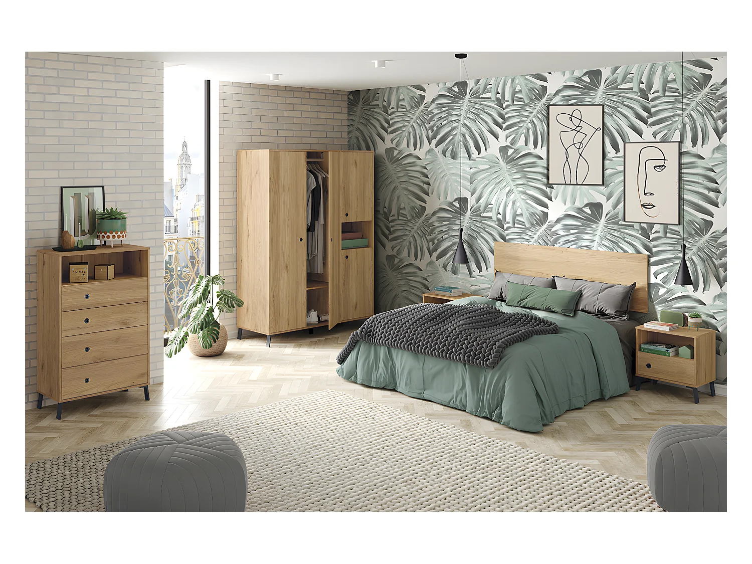 Ensemble chambre à coucher complète adulte coloris chêne doré ( armoire + commode rangement + 2 chevets + Tête de lit )