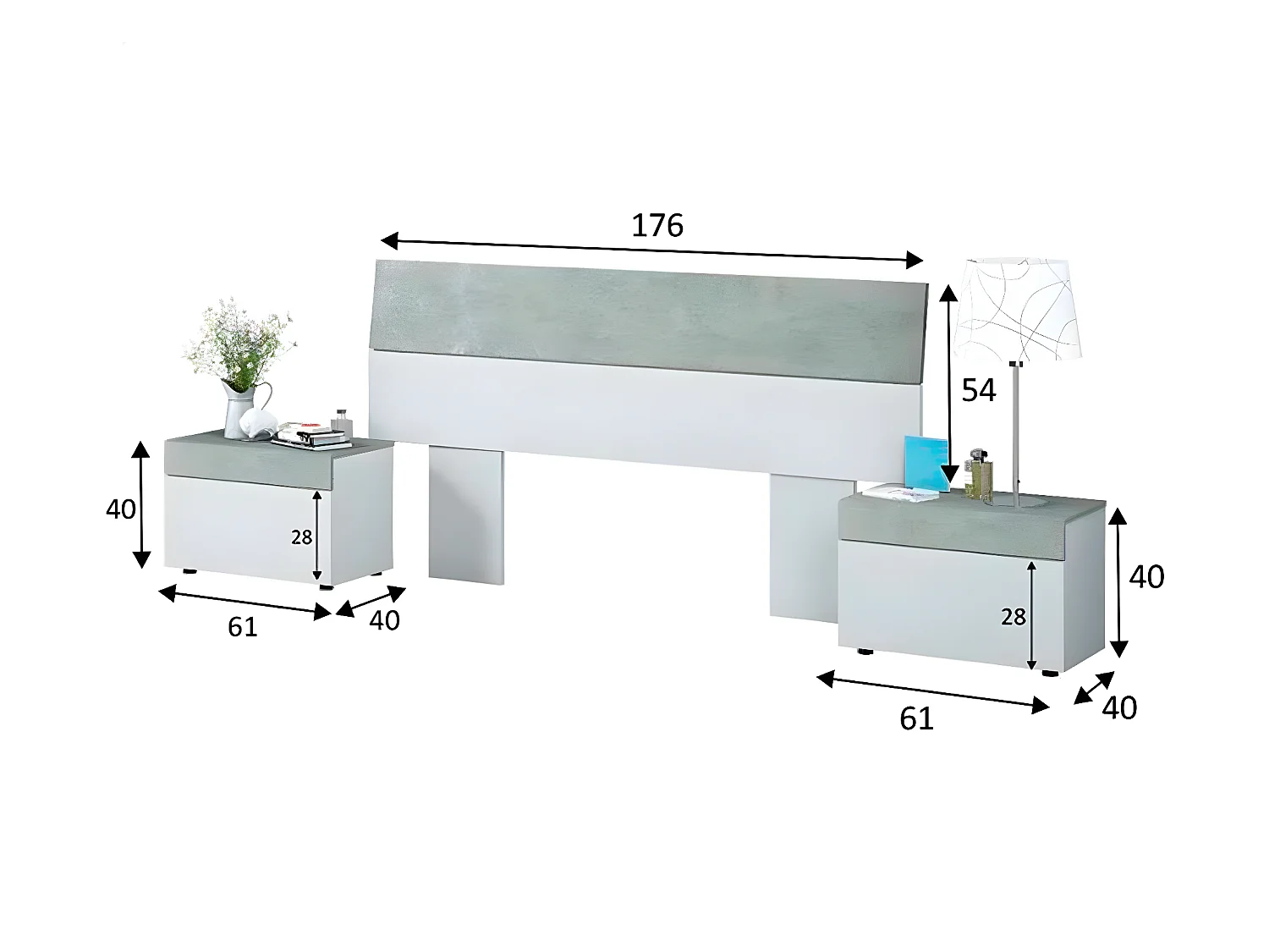 Tête de lit avec 2 tables de chevet coloris Blanc Artic / Béton - 97 x 276 x 40 cm
