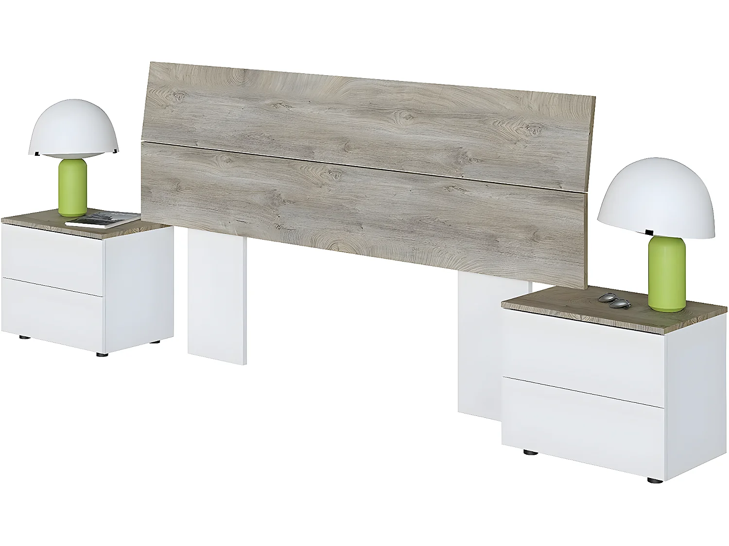 Tête de Lit avec 2 Tables de Chevet coloris blanc artic / chêne à nœuds alaska - Hauteur 96 x Longueur 256 x Profondeur 34 cm