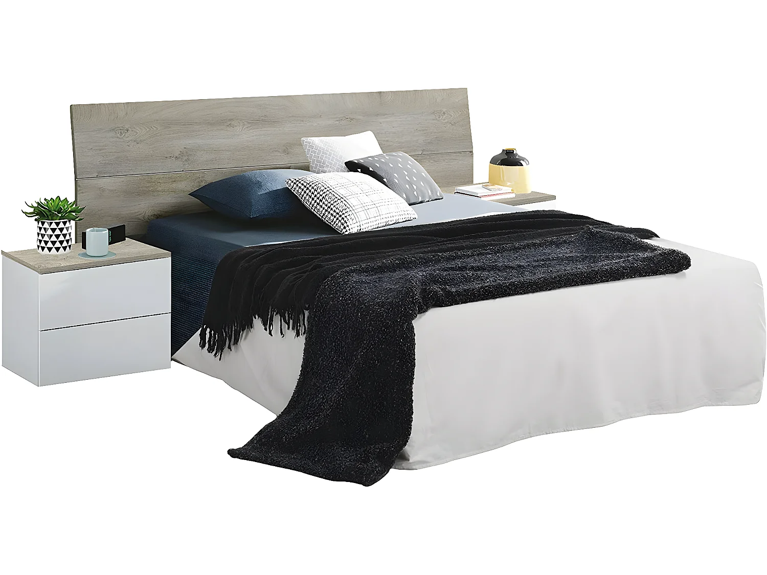 Tête de Lit avec 2 Tables de Chevet coloris blanc artic / chêne à nœuds alaska - Hauteur 96 x Longueur 256 x Profondeur 34 cm