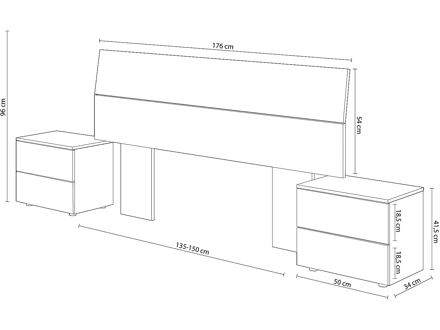 Tête de Lit avec 2 Tables de Chevet coloris blanc artic / chêne à nœuds alaska - Hauteur 96 x Longueur 256 x Profondeur 34 cm