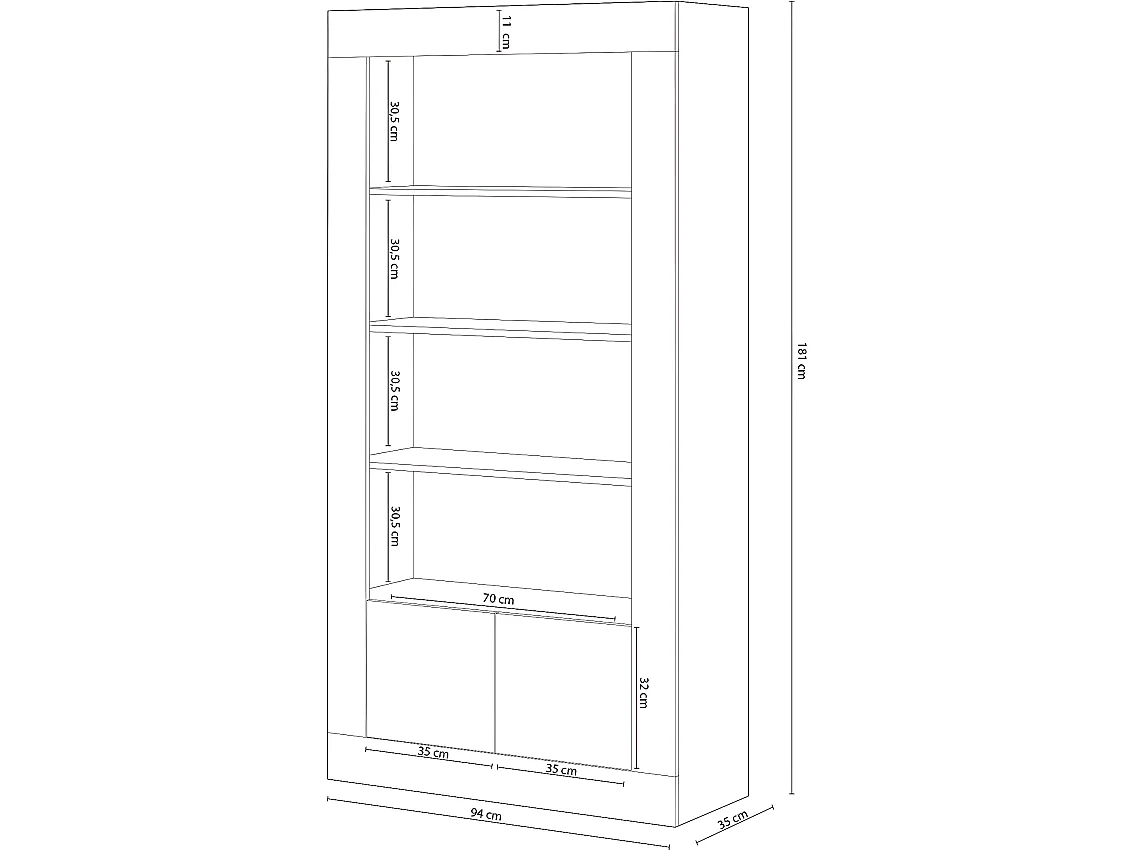 Bibliothèque avec 4 Tablettes coloris blanc artic / blanc poli -  Hauteur 181 x Longueur 94 x Profondeur 35 cm