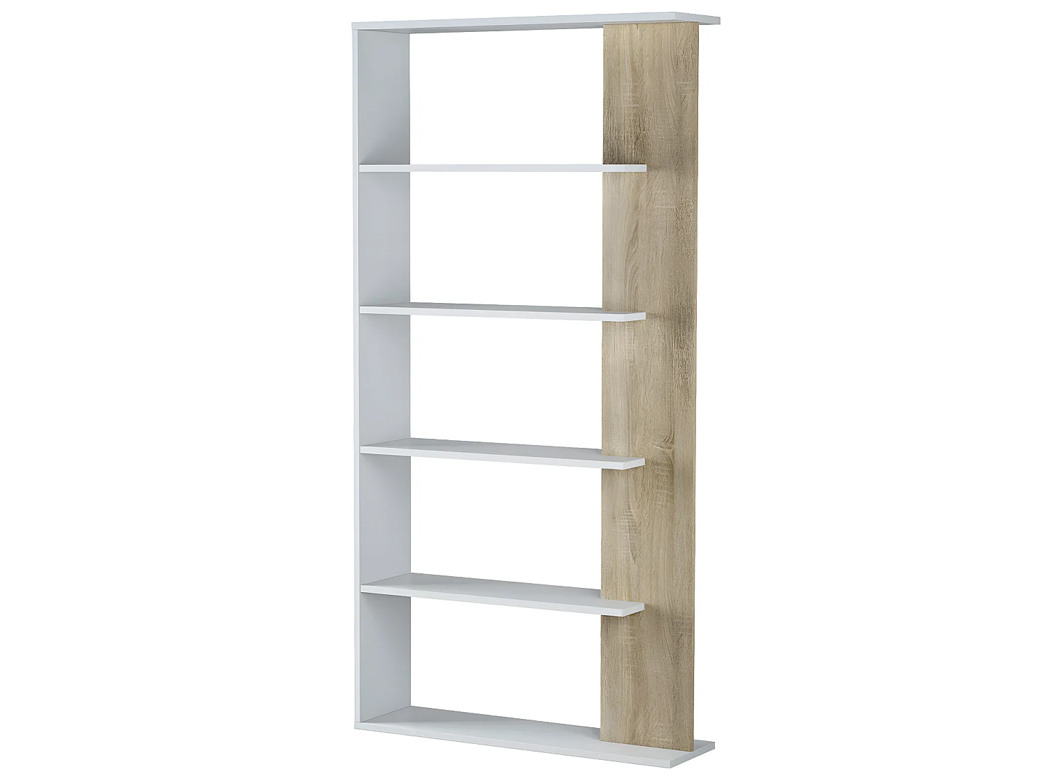 Bibliothèque avec 5 étagères coloris Blanc / Chêne en mélamine - Dim: 180 x 90 x 25 cm