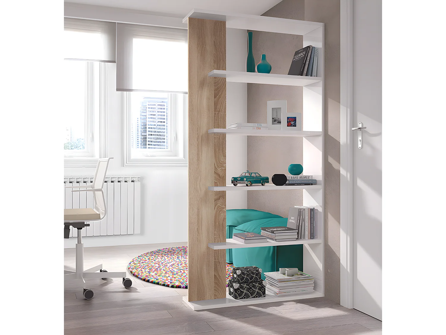 Bibliothèque avec 5 étagères coloris Blanc / Chêne en mélamine - Dim: 180 x 90 x 25 cm