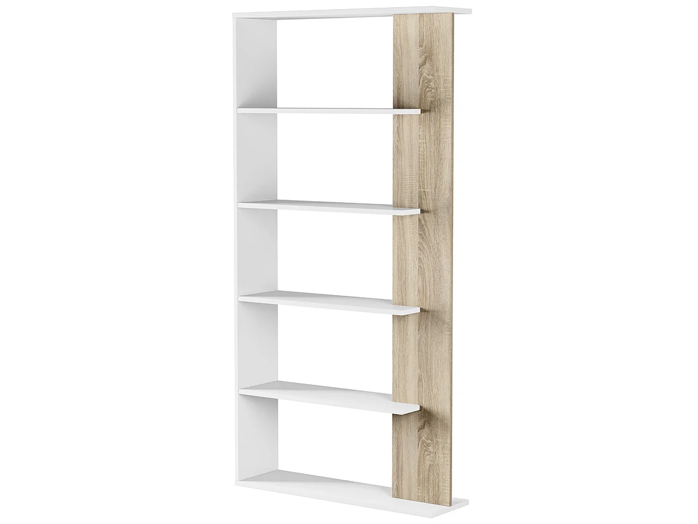 Bibliothèque avec 5 étagères coloris Blanc / Chêne en mélamine - Dim: 180 x 90 x 25 cm
