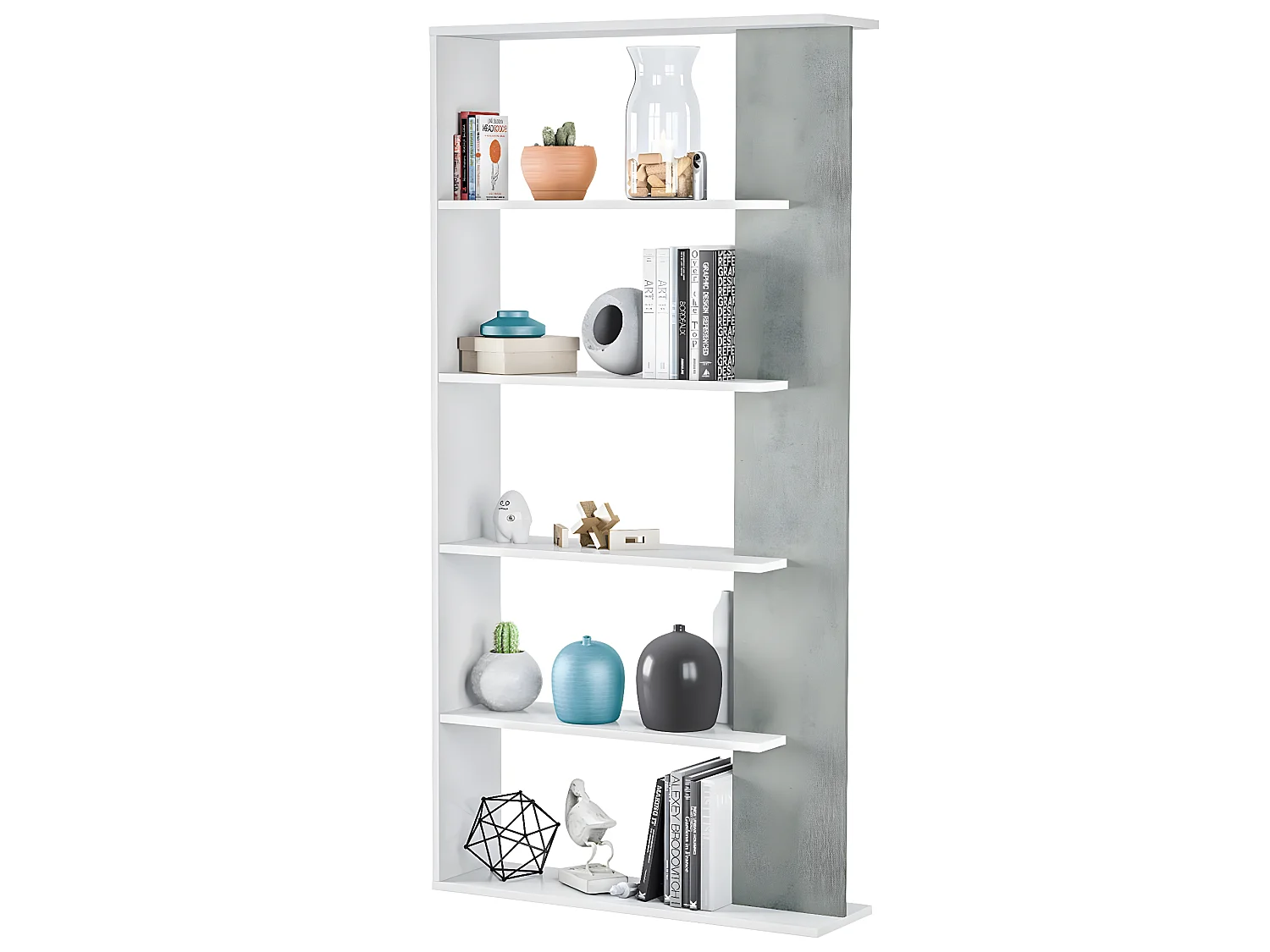 Bibliothèque avec 5 étagères coloris Blanc / Ciment en mélamine - Dim: 180 x 90 x 25 cm