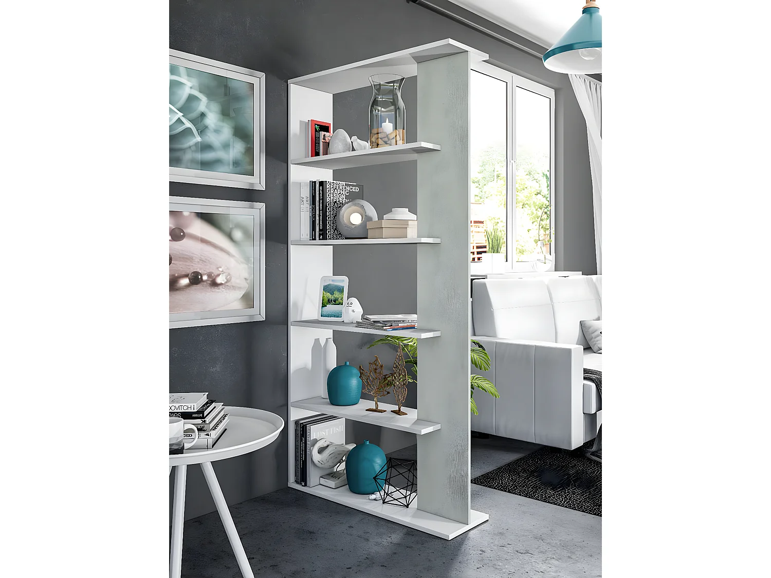 Bibliothèque avec 5 étagères coloris Blanc / Ciment en mélamine - Dim: 180 x 90 x 25 cm