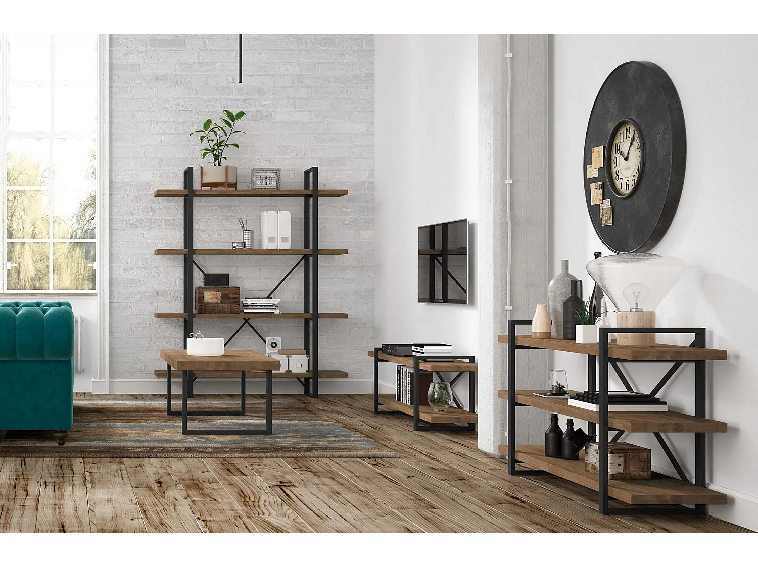 Bibliothèque avec 5 étagères coloris chêne américain / noir - Largeur 150 x Profondeur 35 x Hauteur 180 cm