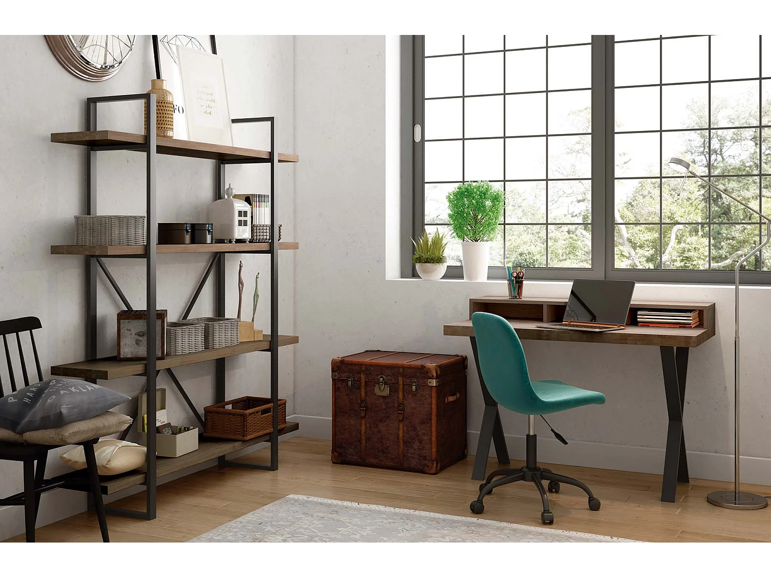 Bibliothèque avec 5 étagères coloris chêne américain / noir - Largeur 150 x Profondeur 35 x Hauteur 180 cm