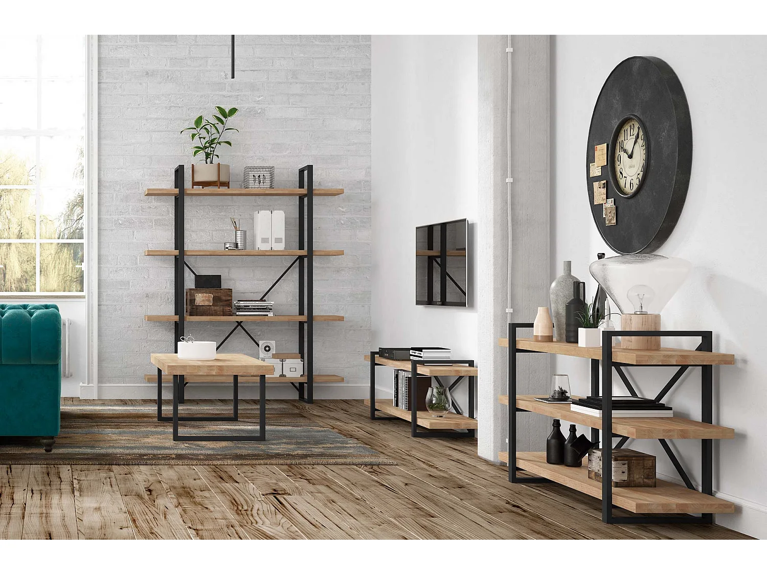 Bibliothèque avec 5 étagères coloris chêne nordique / noir - Largeur 150 x Profondeur 35 x Hauteur 180 cm