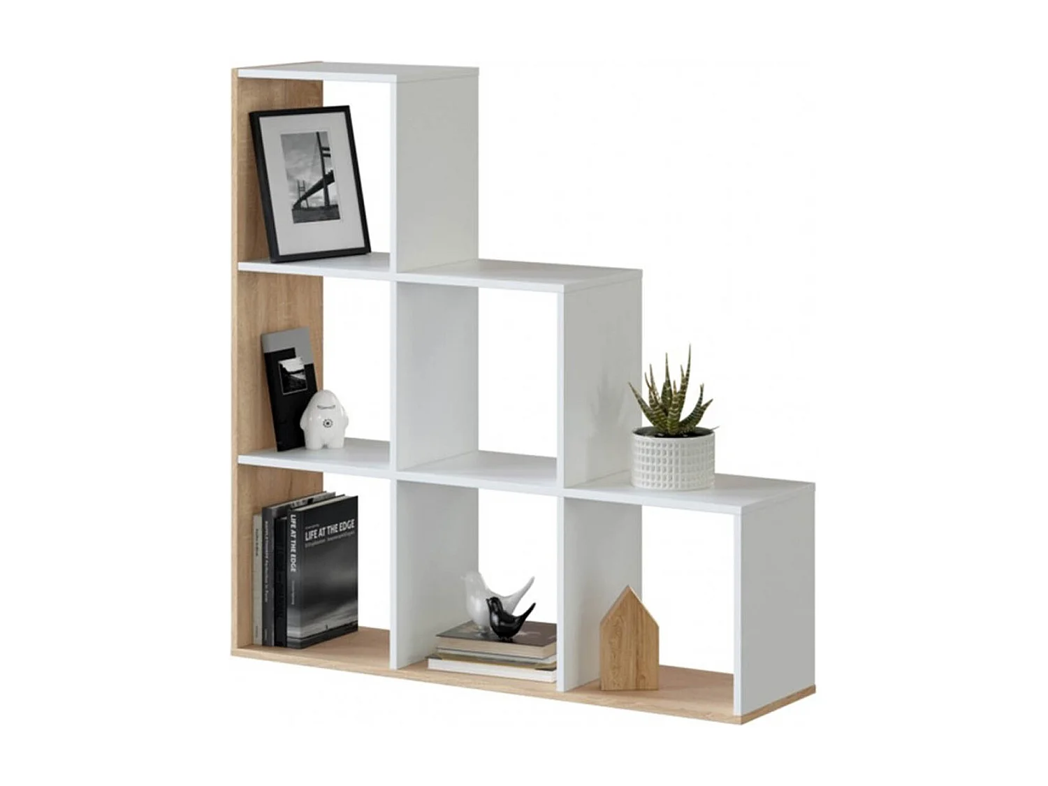 Bibliothèque escalier cube coloris chêne candiene / blanc artic -  Hauteur 110 x Longueur 108 x Profondeur 28 cm