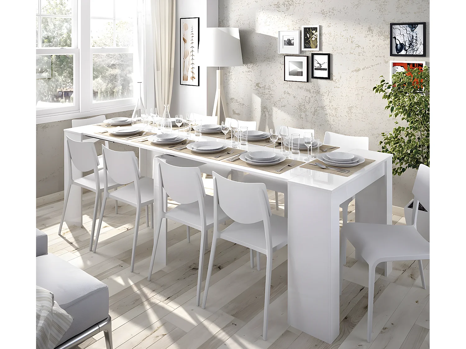 Table console extensible en chêne blanc brillant - Longueur 54-239 x Hauteur 77 x Profondeur 90 cm