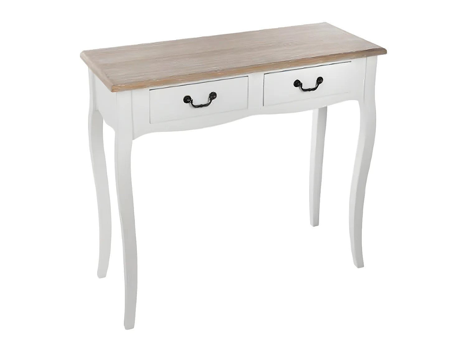 Console en bois avec 2 tiroirs, coloris blanc/chêne - Dim : L.87 x l.34 x H.78 cm
