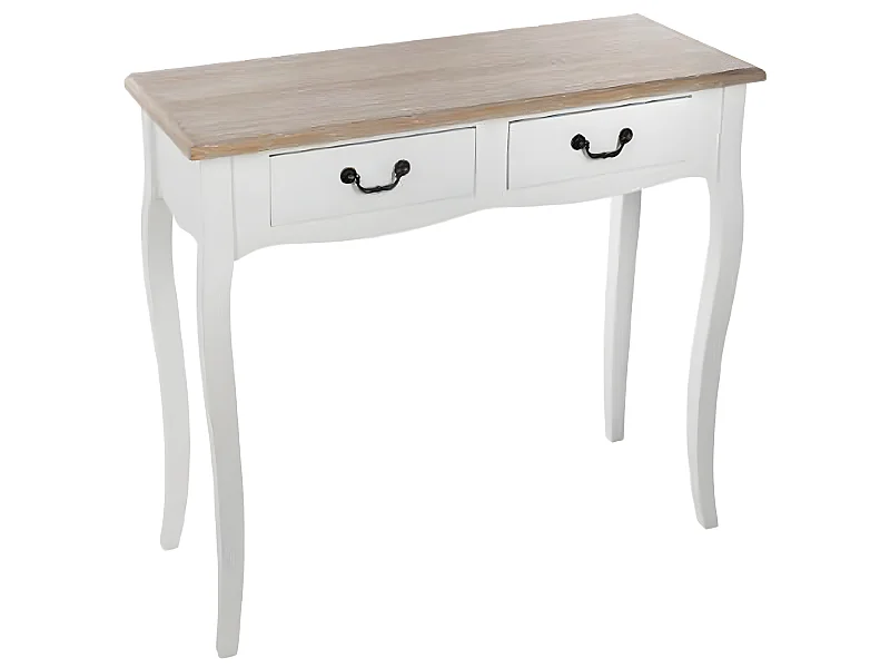 Console en bois avec 2 tiroirs, coloris blanc/chêne - Dim : L.87 x l.34 x H.78 cm