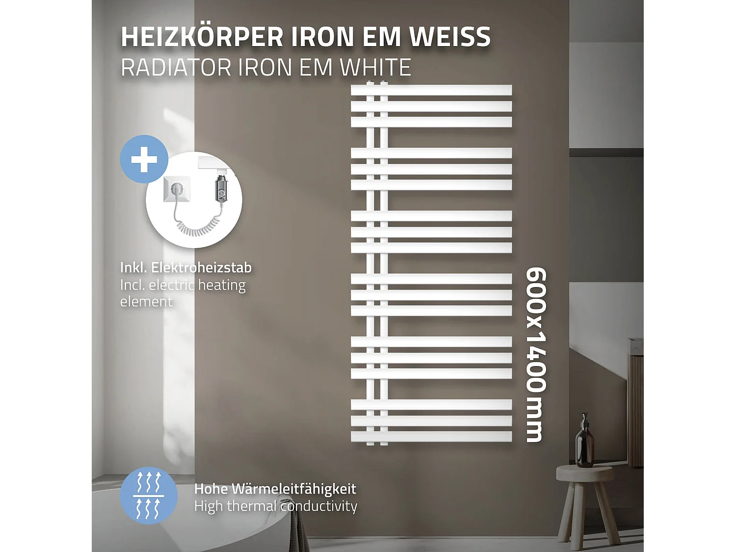 Radiatore Elettrico Iron EM Design 900W - 600 x 1400 mm, Bianco