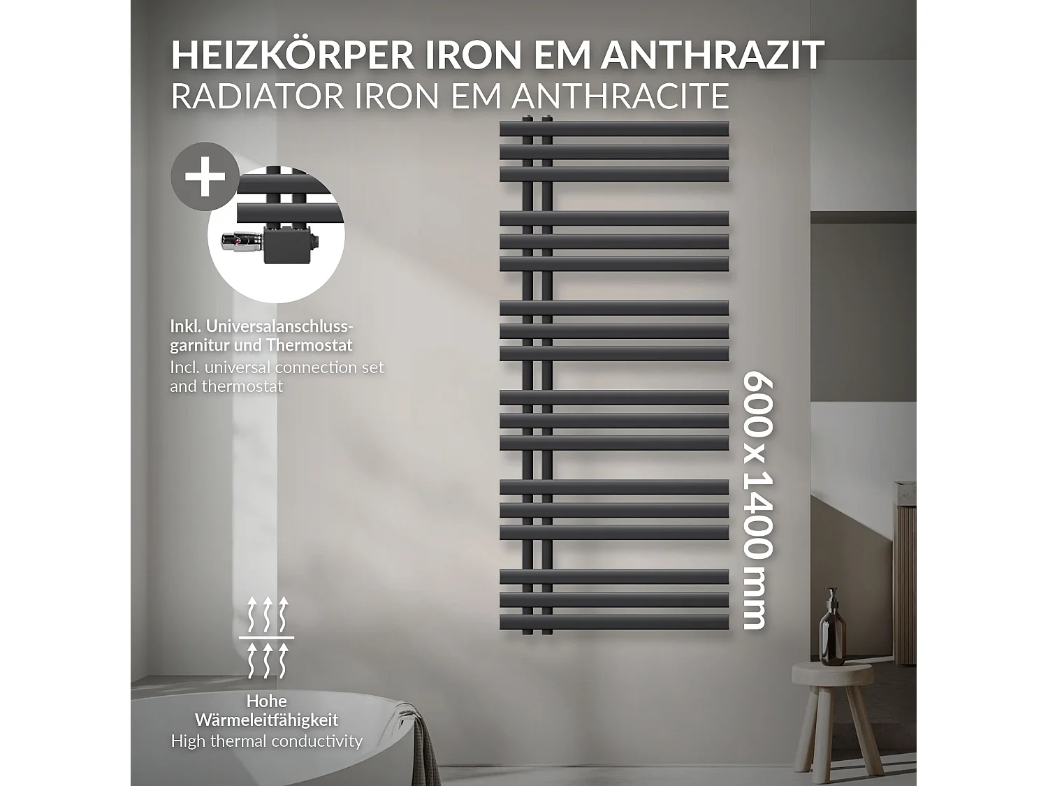 Radiateur Design Iron EM 600x1400 mm Anthracite Raccord Central au Bas avec Garniture