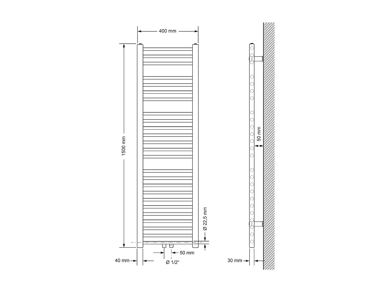 Radiateur Design Sahara Non Électrique, 400 x 1500 mm, Blanc, Connexion Central